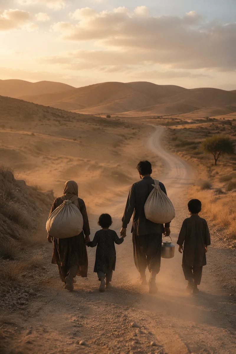 Refugee Family on Dusty Road at Sunset