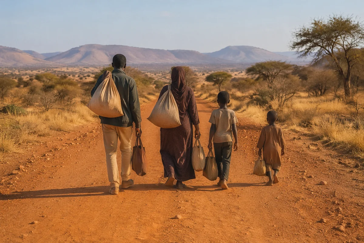 Refugee Family Walking Dusty Rural Road