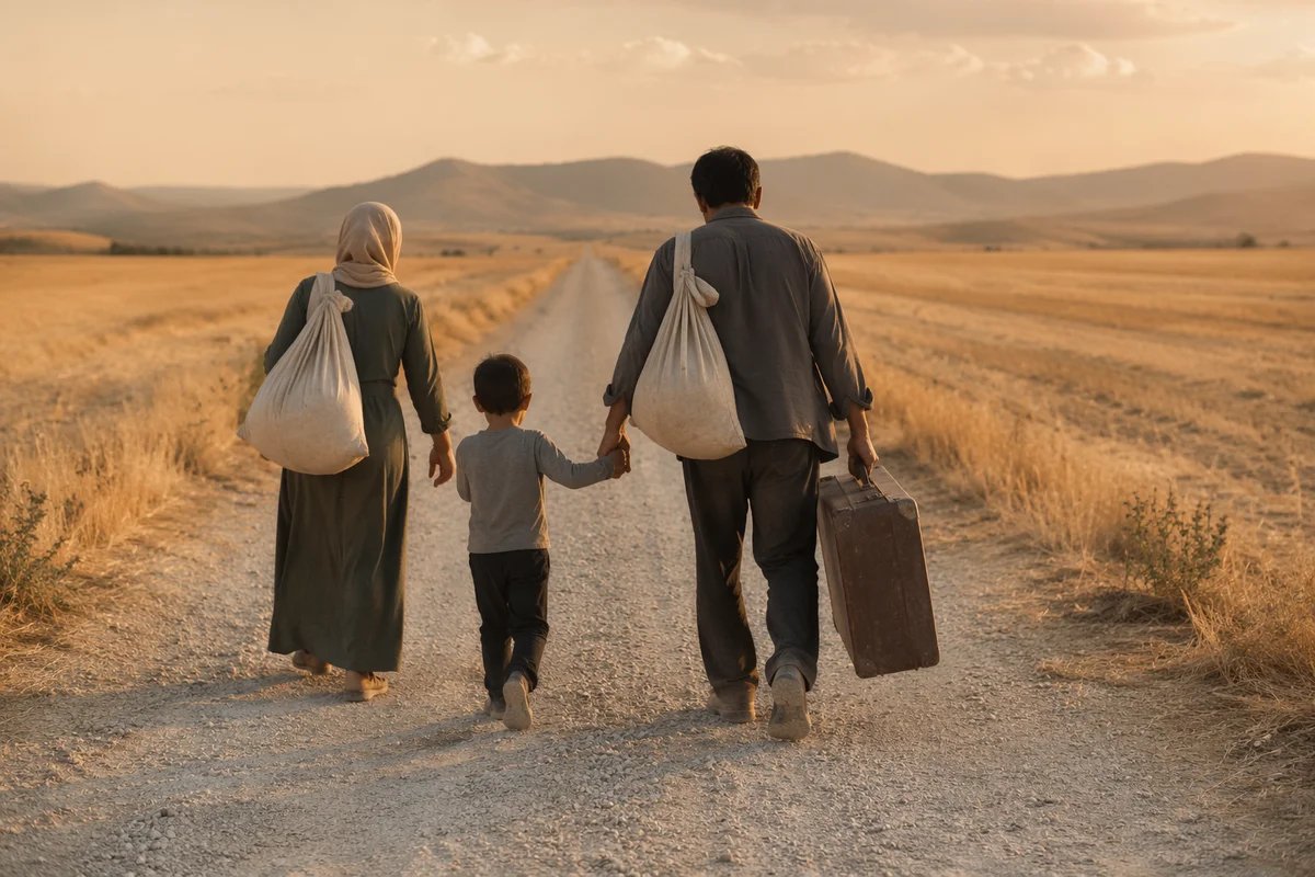 Family Walking Along Dusty Rural Road