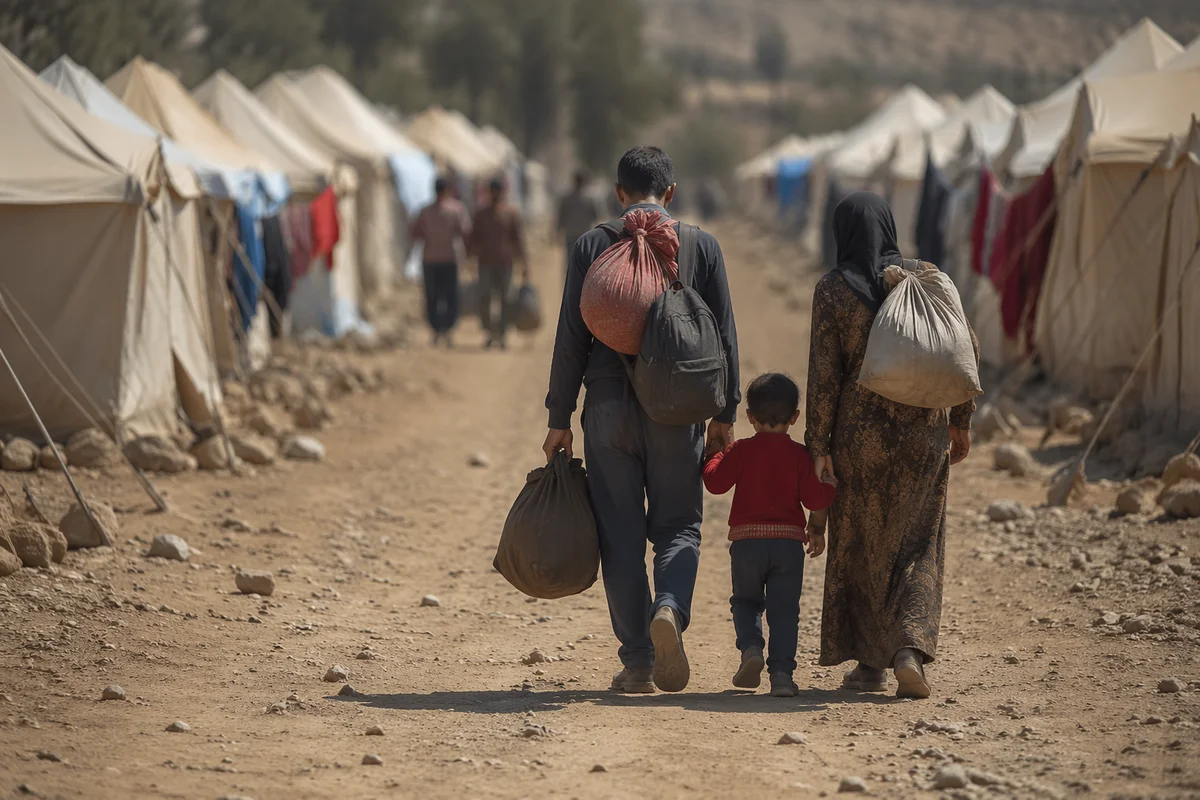 Refugee Family Walking Through Shelter Camp