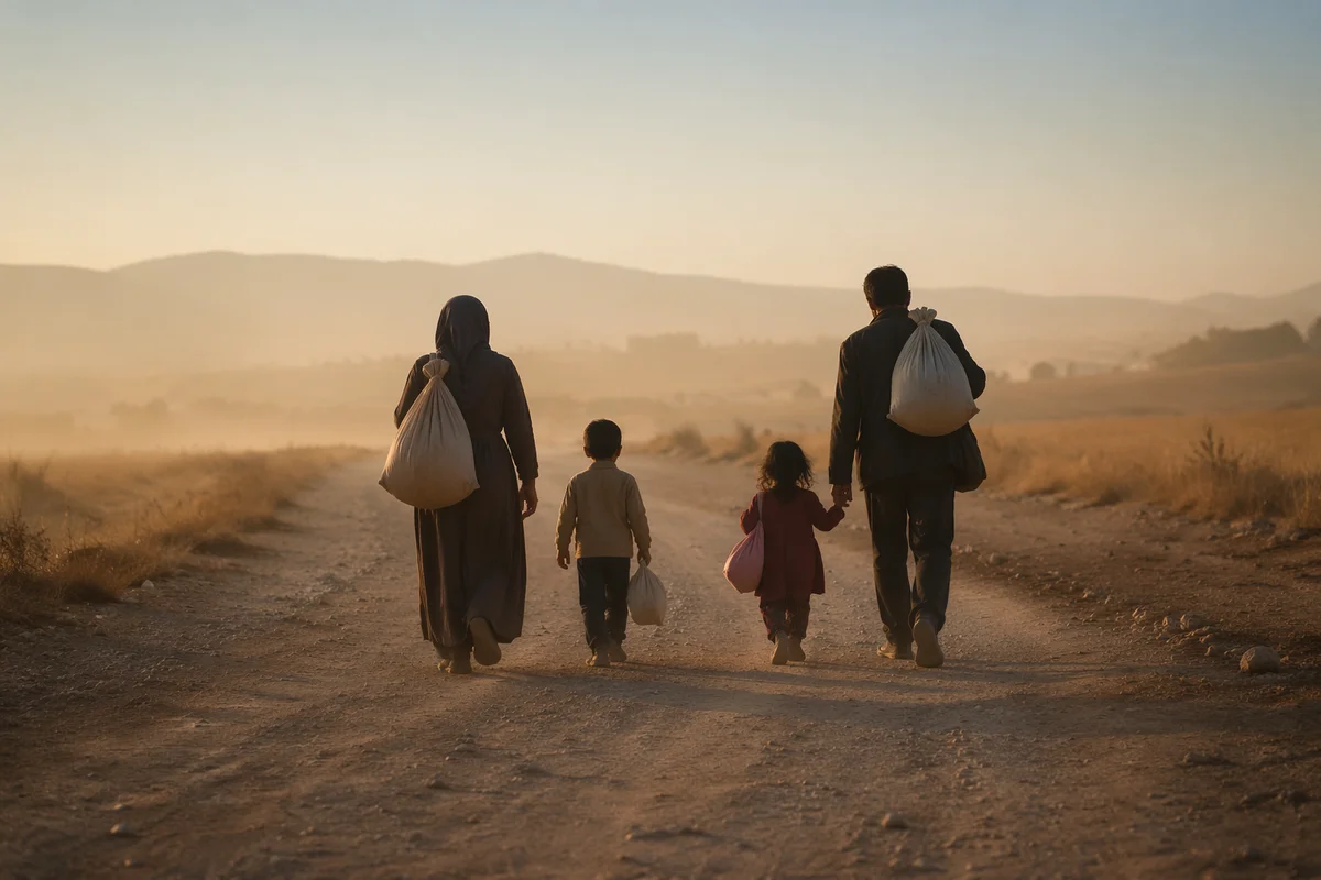 Refugee Family Walking Dusty Morning Road