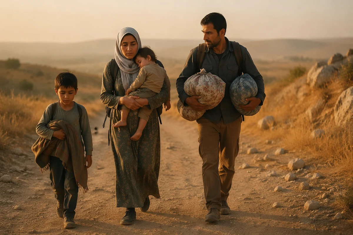 Refugee Family Walking Dusty Rural Road