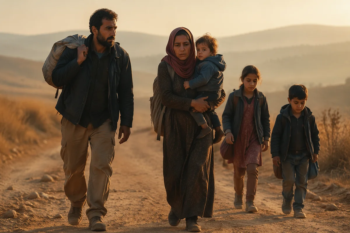 Refugee Family Walking on Dusty Road