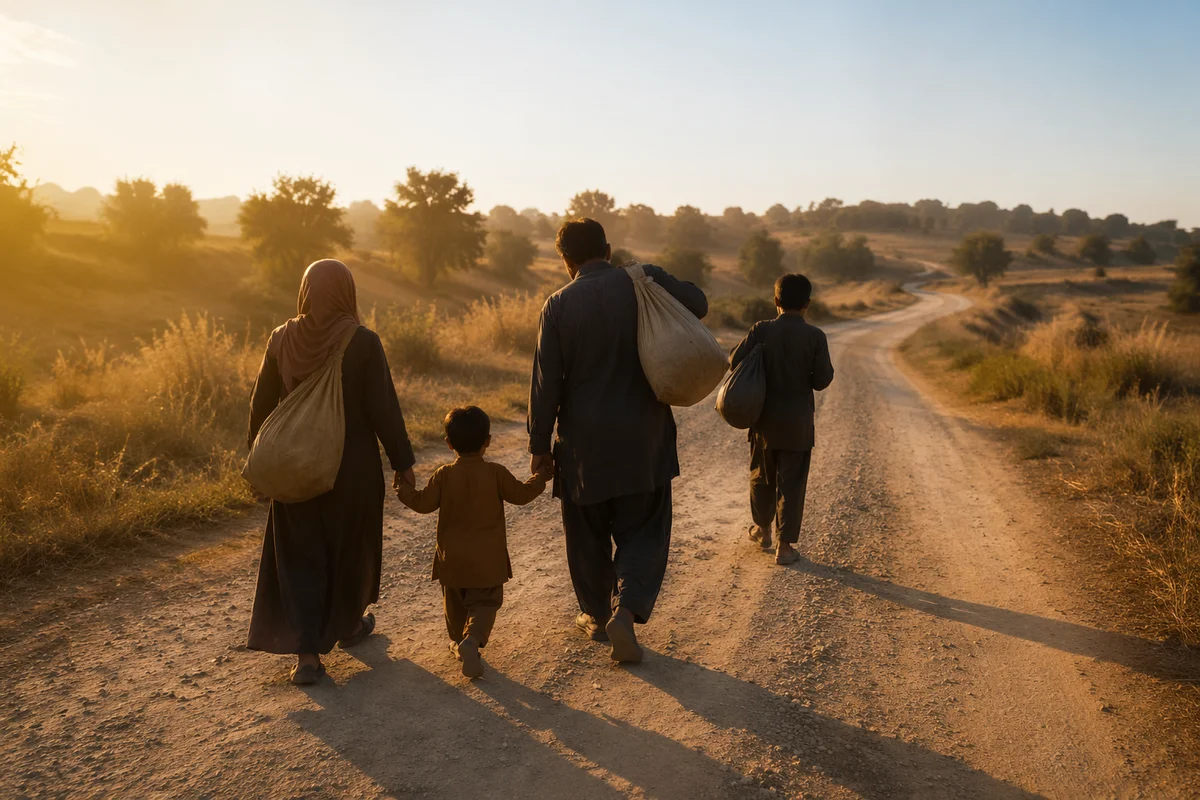 Refugee Family on Dusty Morning Road