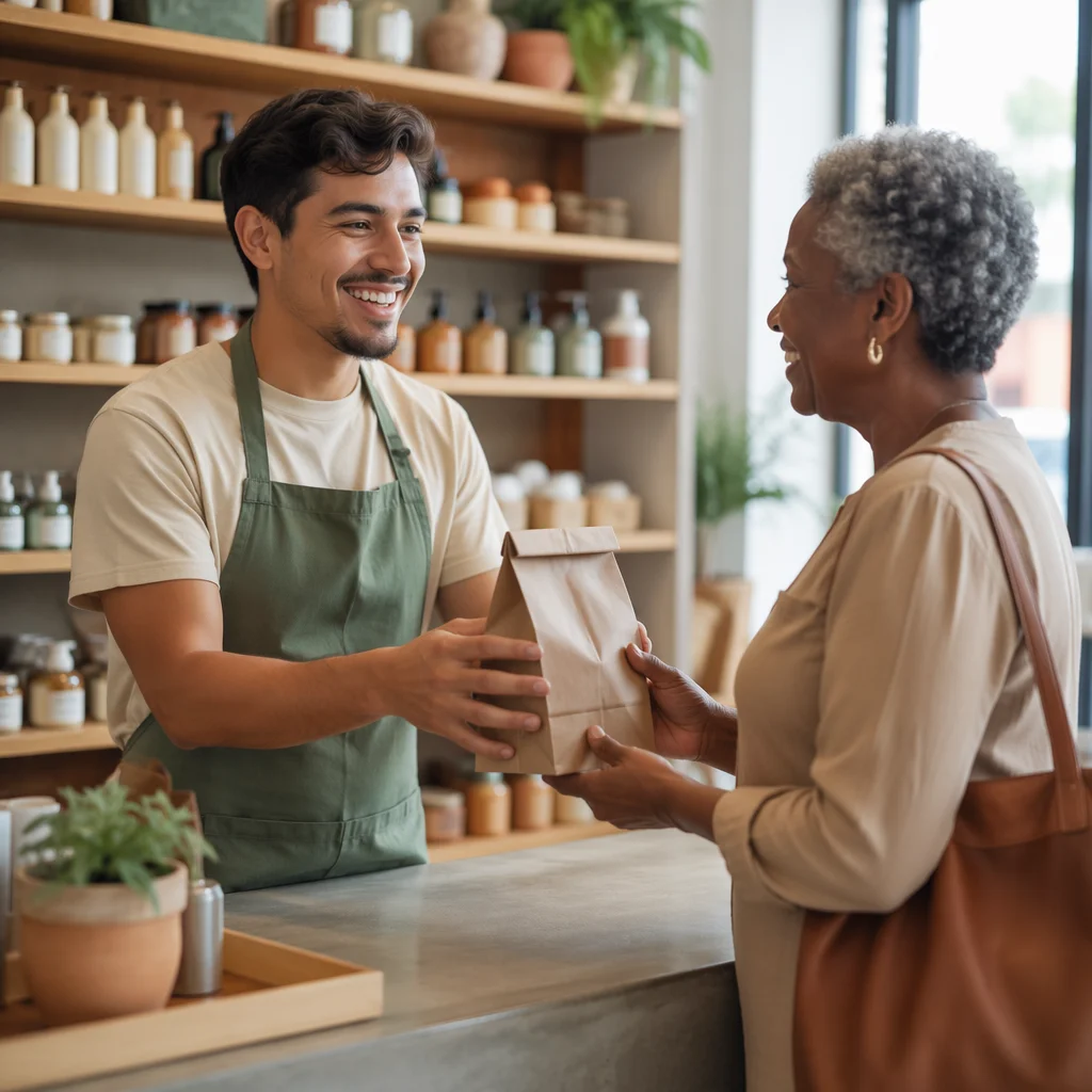 Retail Worker Handing Bag to Customer