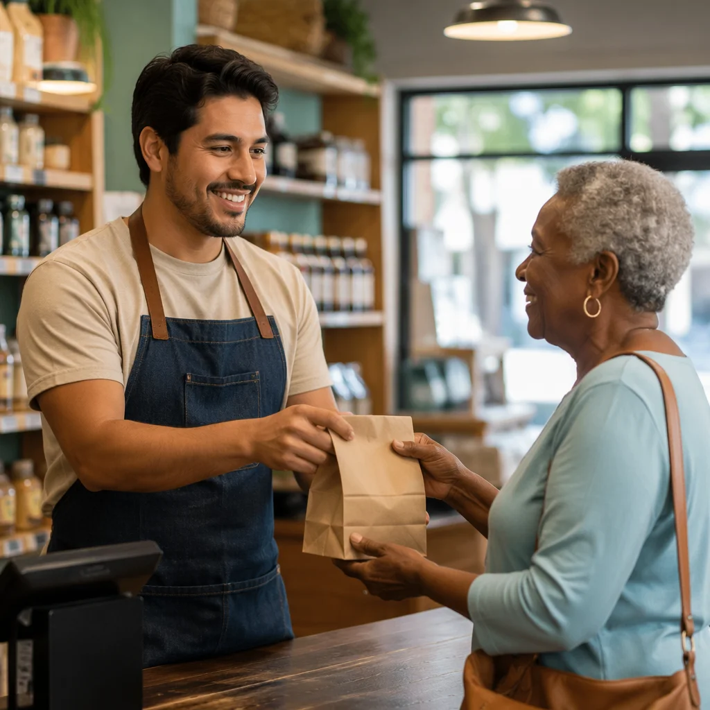 Friendly Shop Clerk Helping Elderly Customer