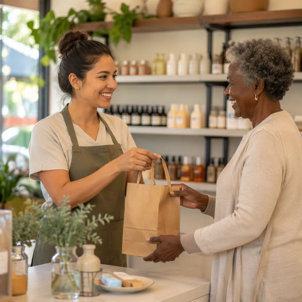 Friendly Retail Worker Helping Elderly Customer