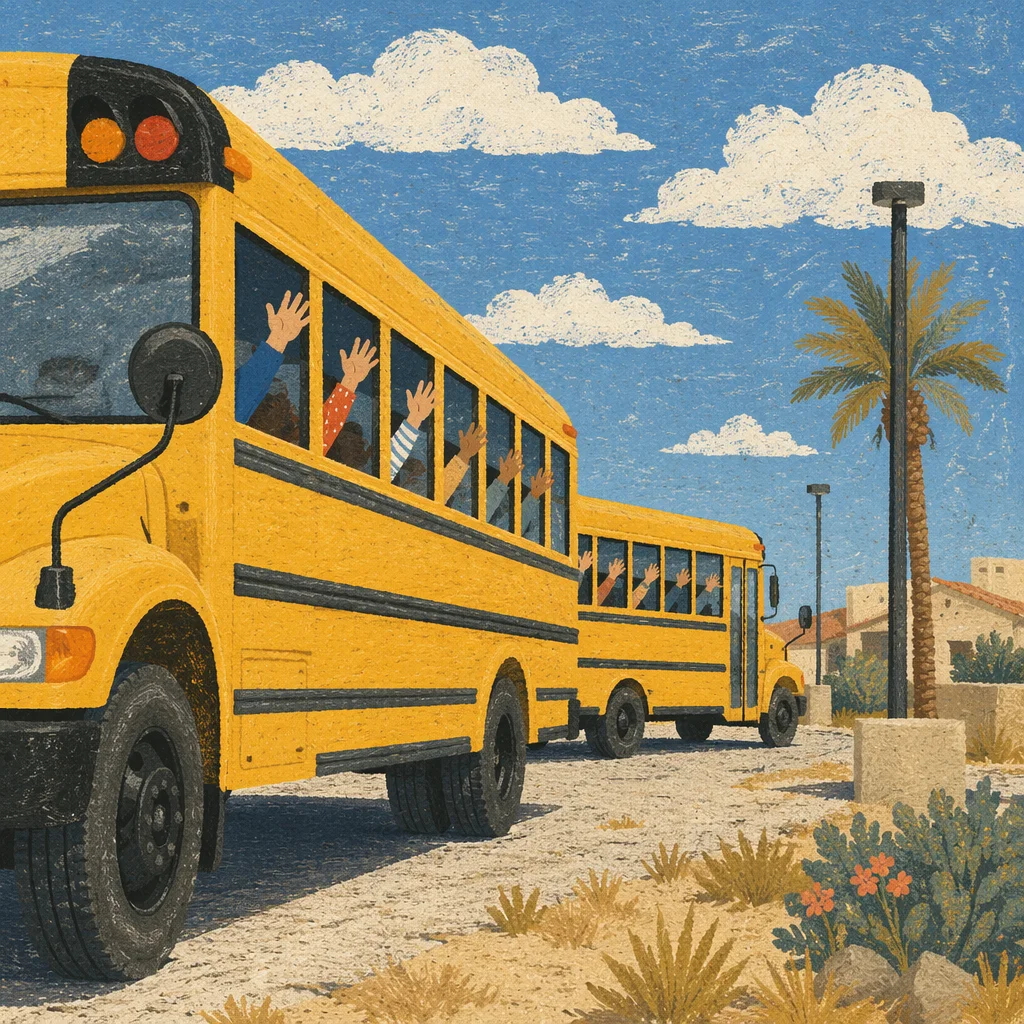 Cheerful School Bus Children Waving