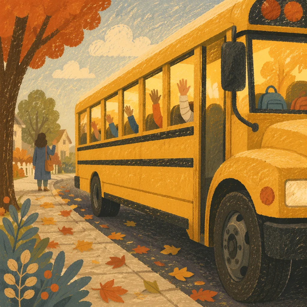 Children Waving from School Bus Window