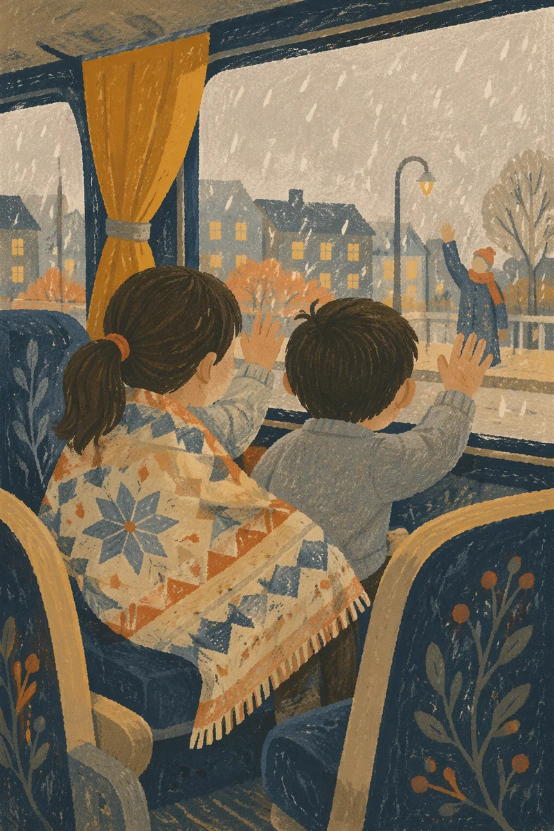 Children Waving Goodbye on School Bus