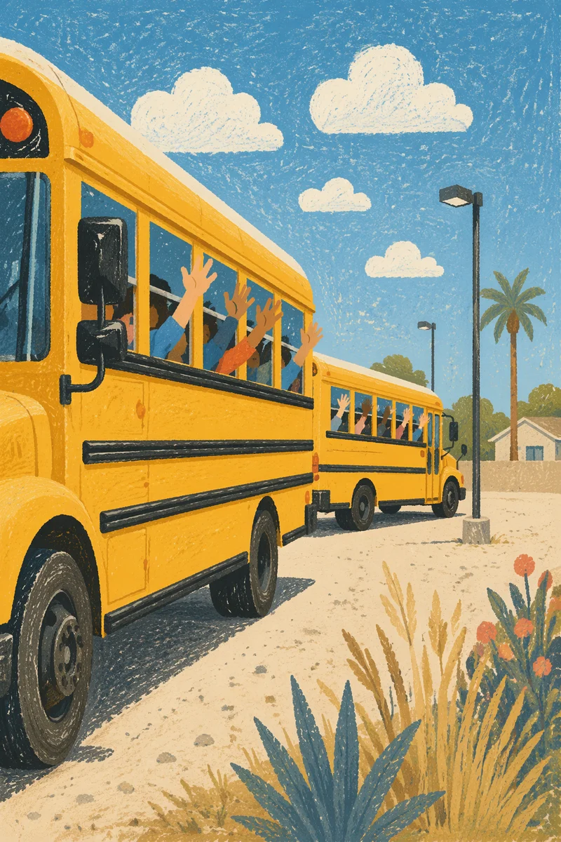 Cheerful Children Waving from School Bus