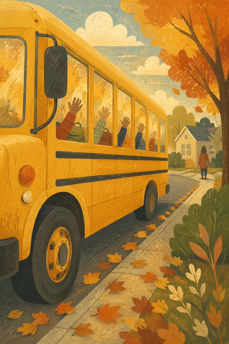 Children Waving From Yellow School Bus