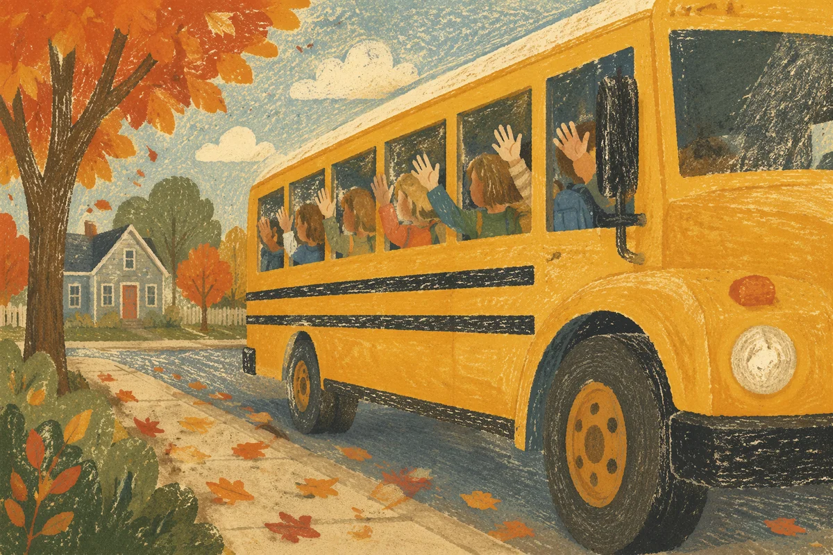 Children Waving from Autumn School Bus