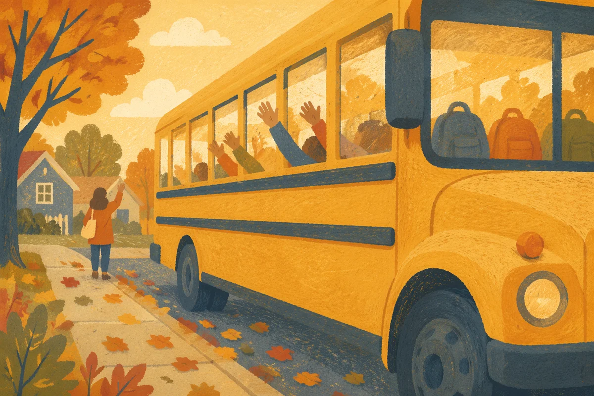 Children Waving From Yellow School Bus
