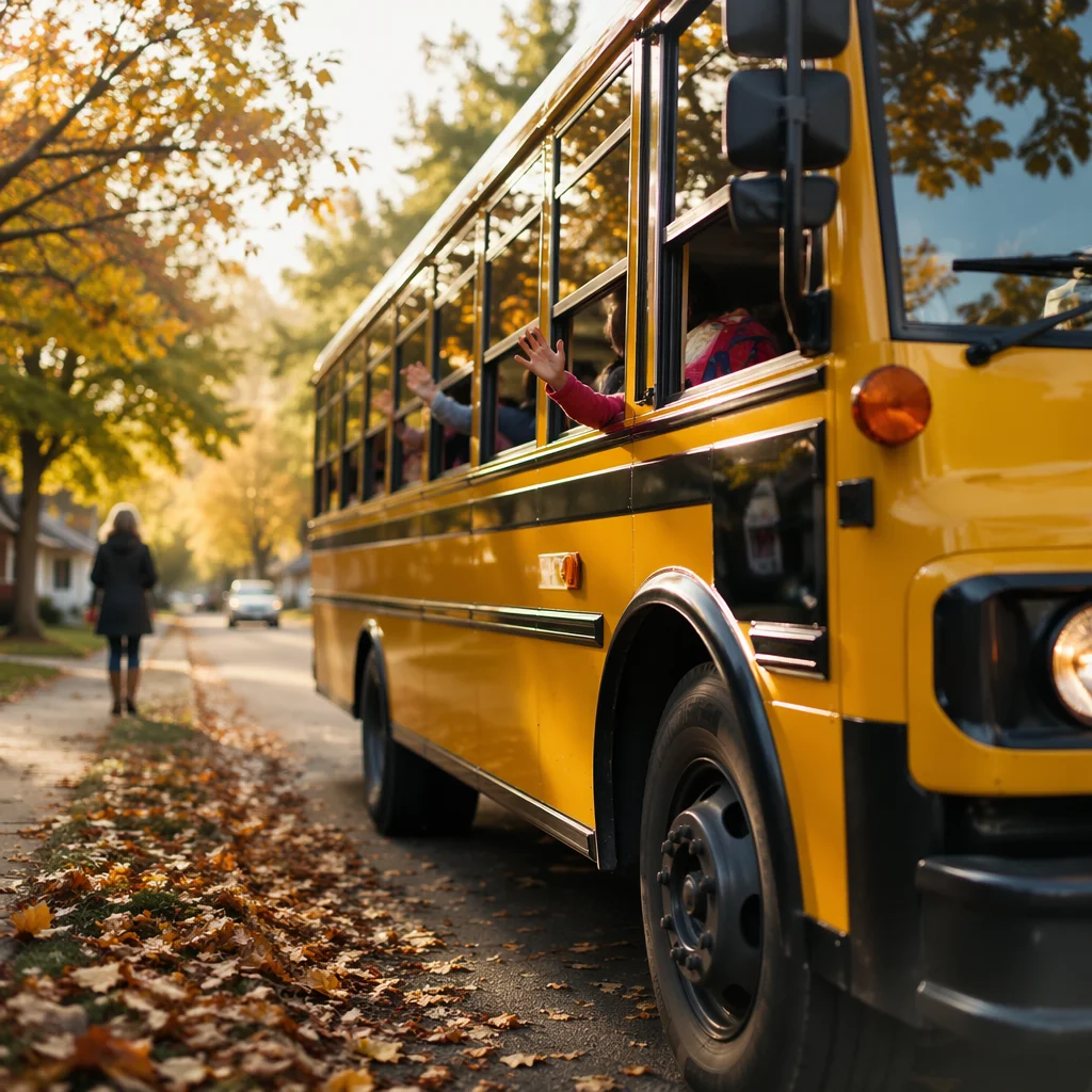 Children Waving from Yellow School Bus