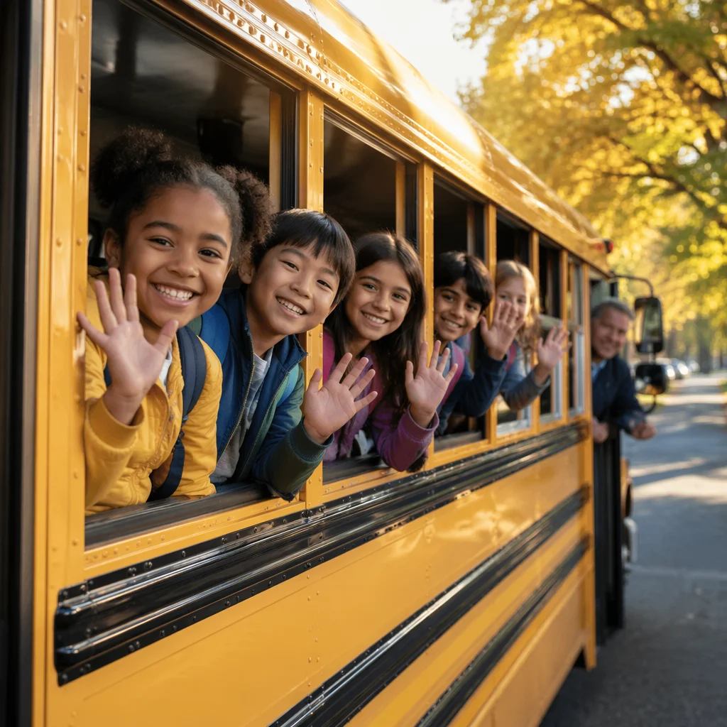 Children Waving from Yellow School Bus