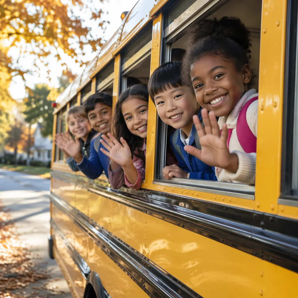 Children Waving from Yellow School Bus