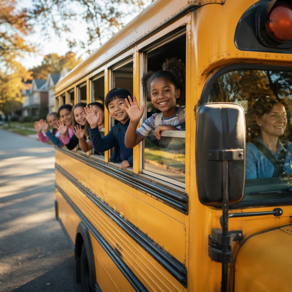 Children Waving from Yellow School Bus
