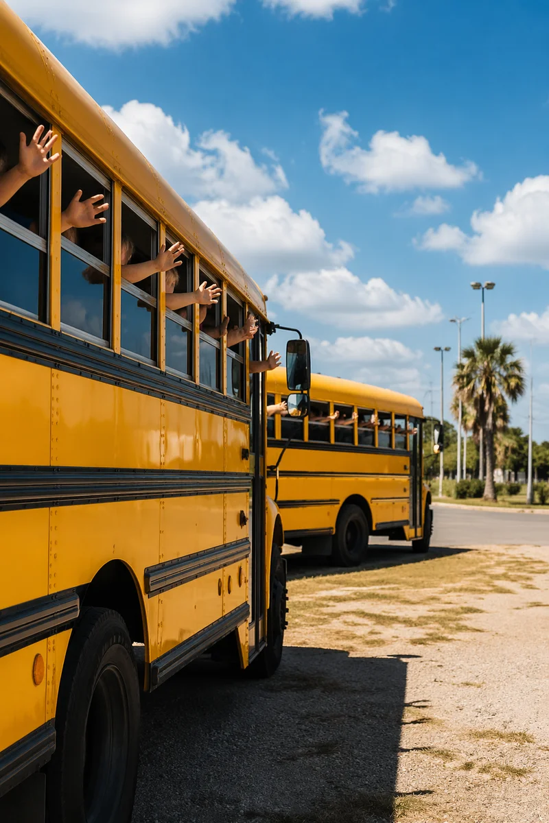 Children Waving From Sunny School Bus