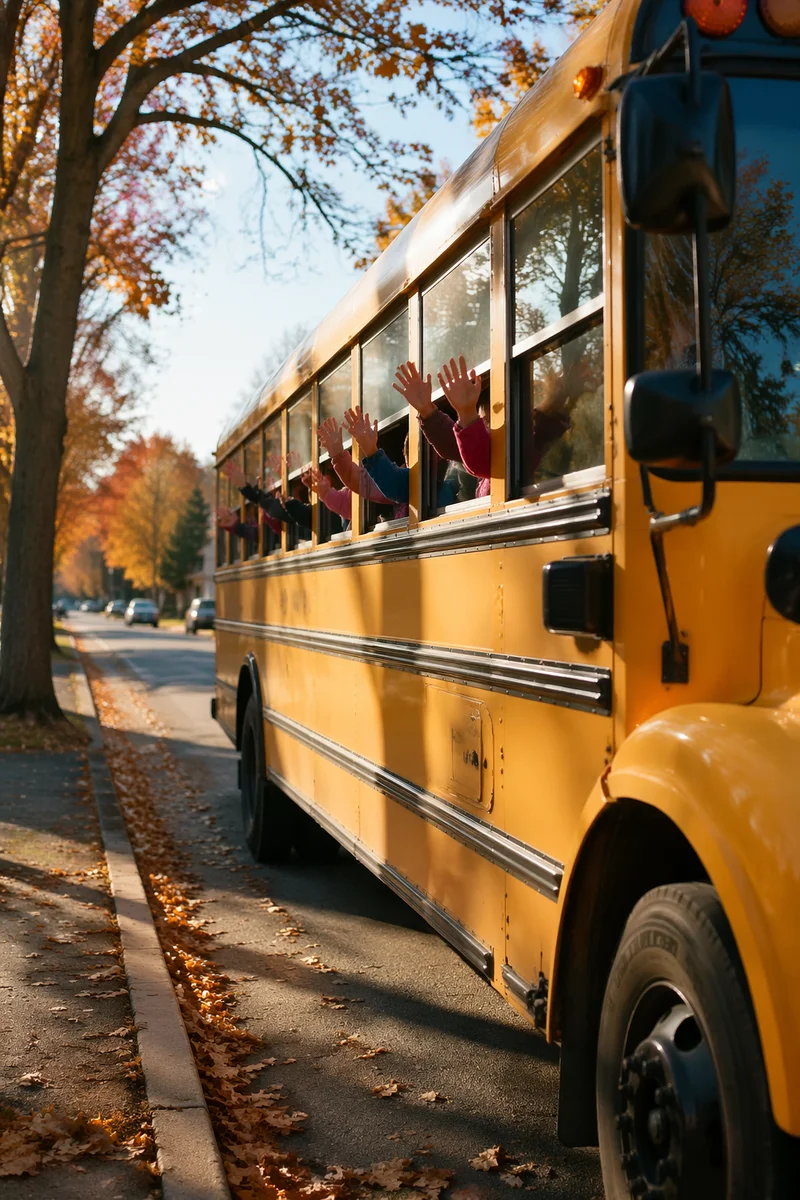 Children Waving from School Bus Window