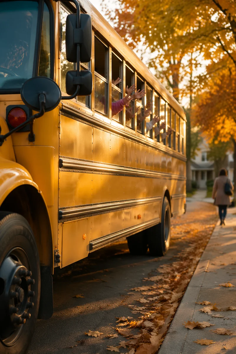 Children Waving from Yellow School Bus