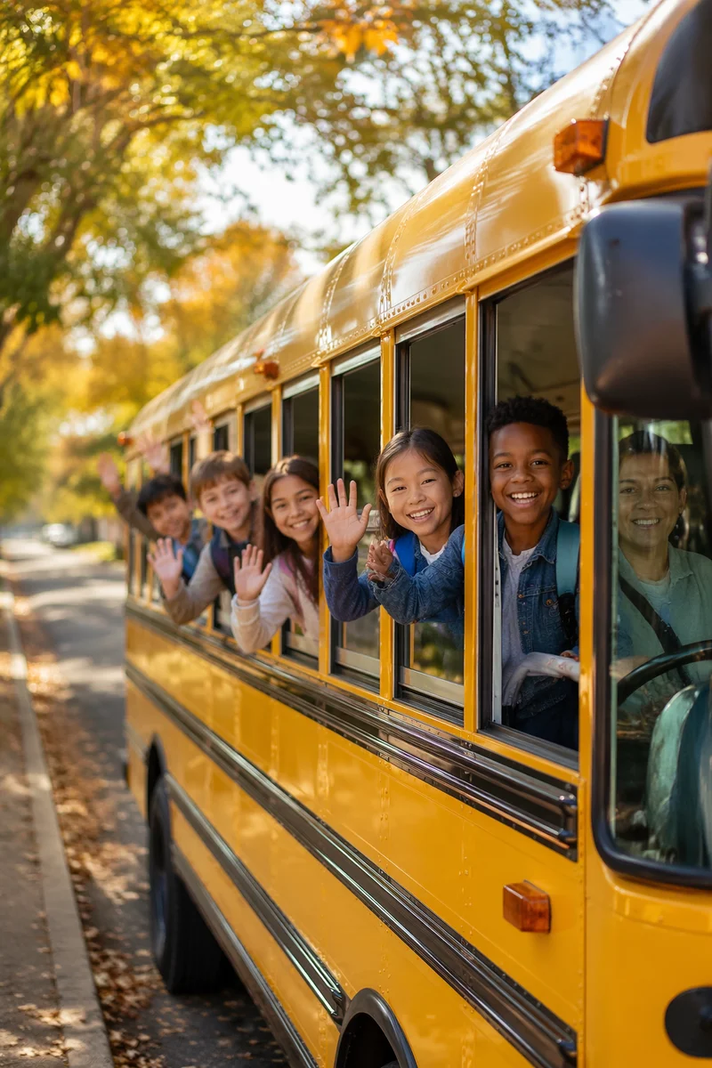 Children Waving from Yellow School Bus