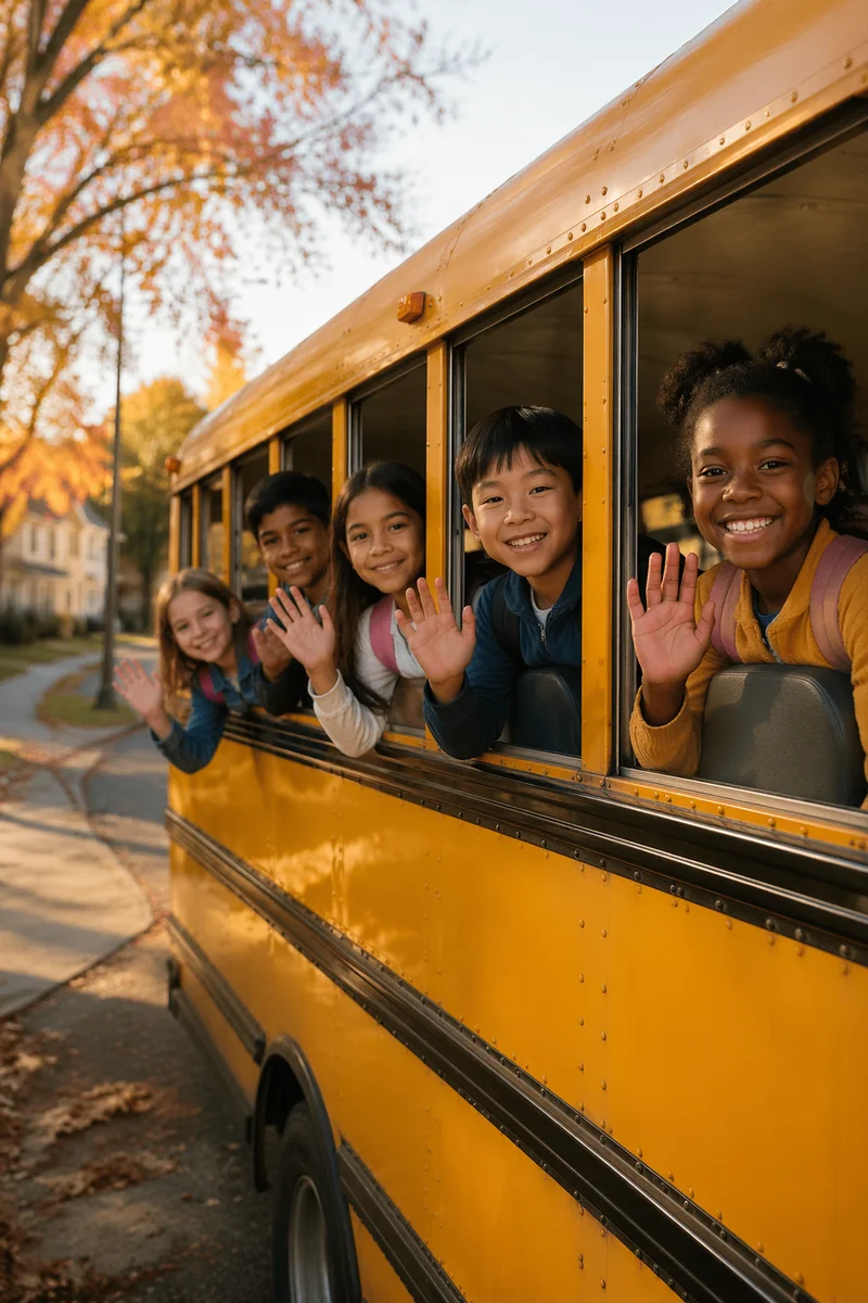 Children Waving from Yellow School Bus
