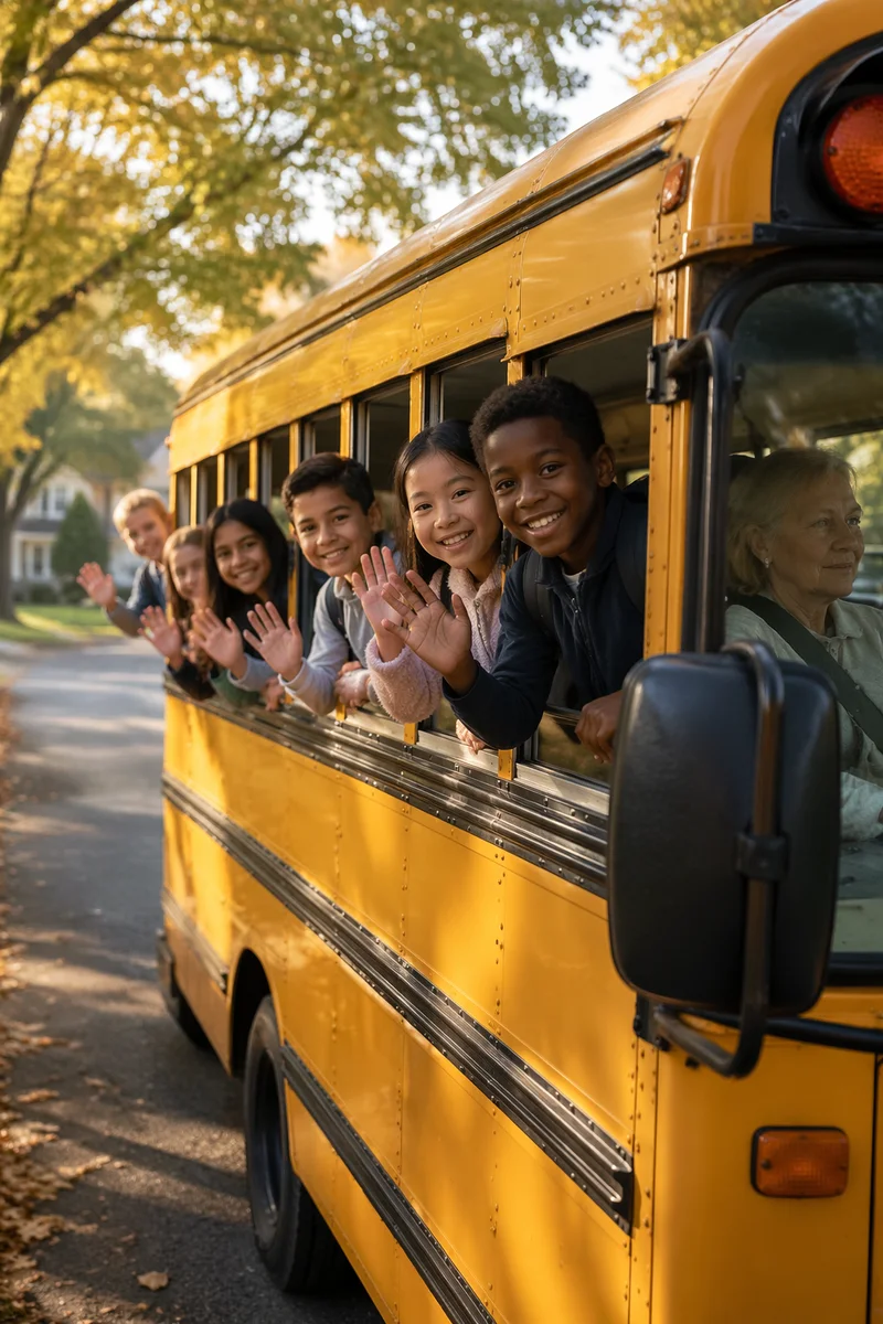Children Waving from Yellow School Bus