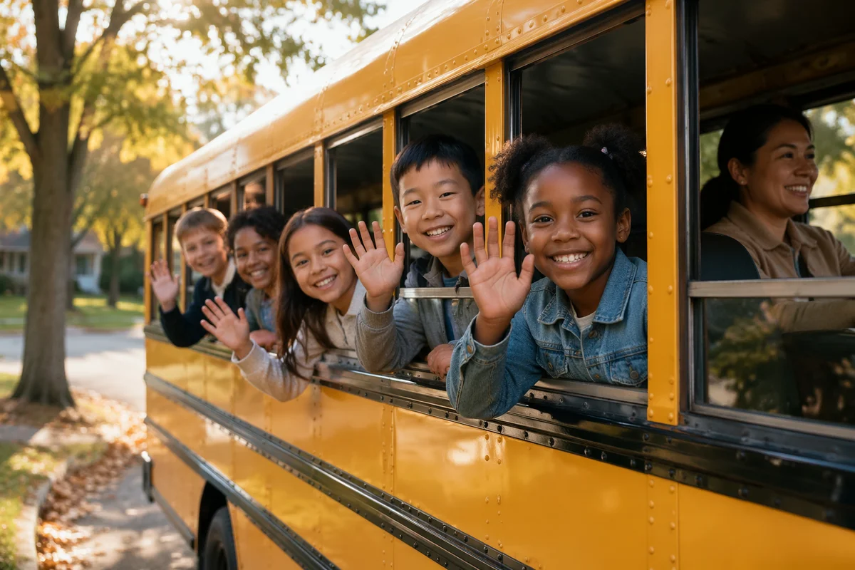 Children Waving from Yellow School Bus