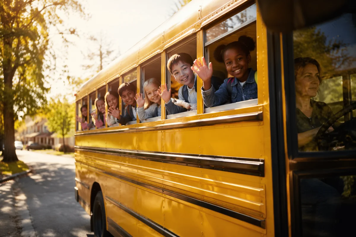 Children Waving from Yellow School Bus