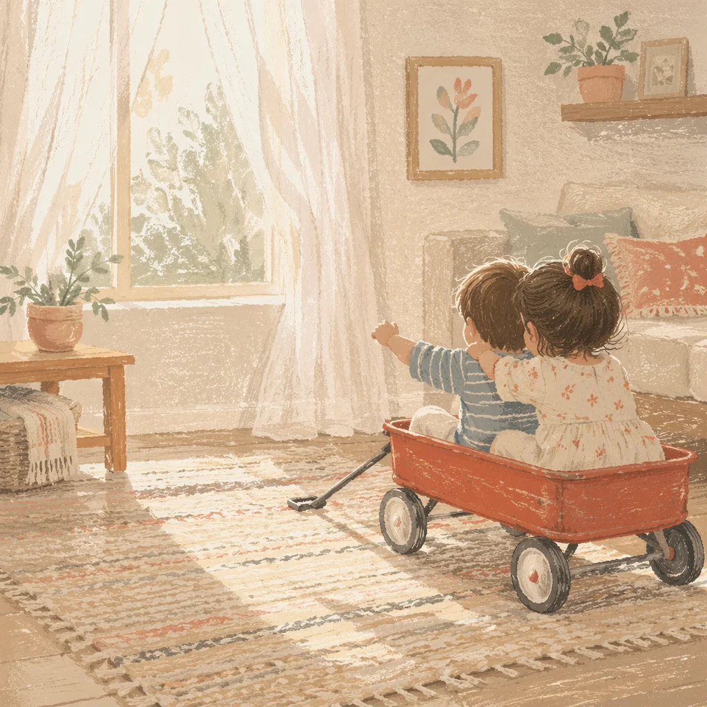 Cozy Siblings Playing in Sunlit Living Room