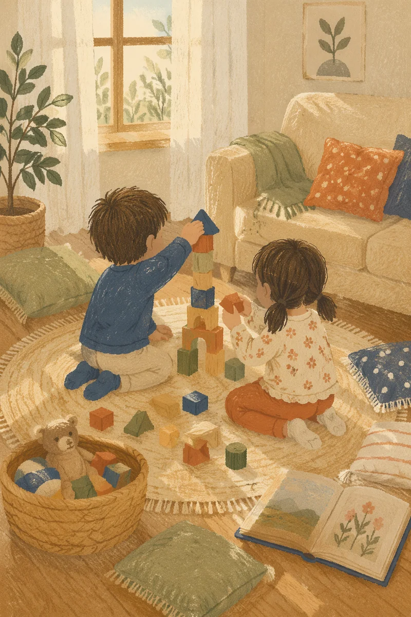 Siblings Building Blocks in Cozy Living Room
