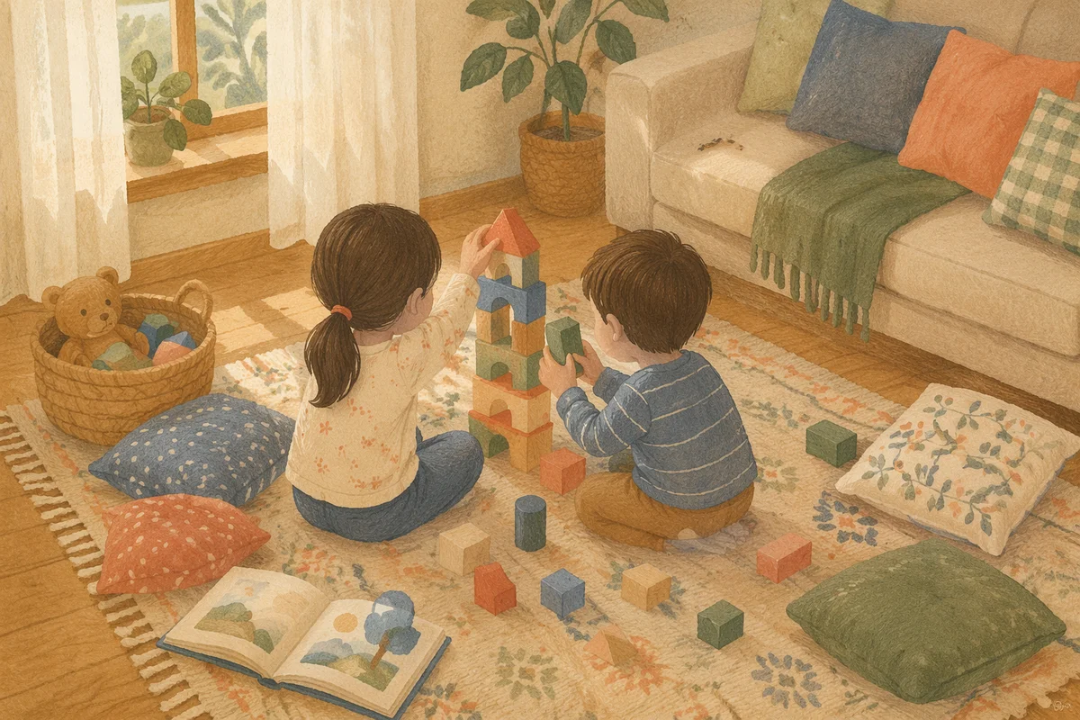 Siblings Building Blocks in Cozy Living Room