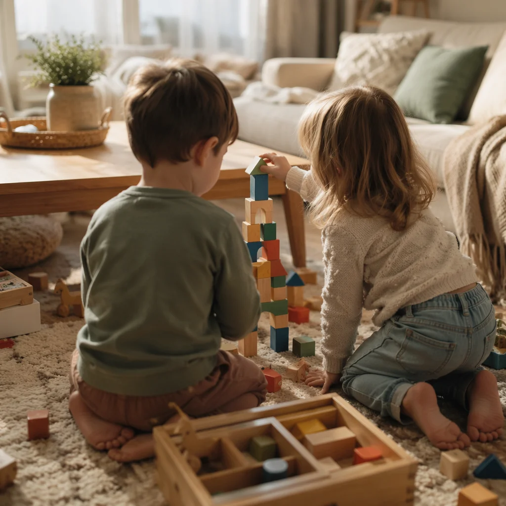 Siblings Building Blocks in Cozy Living Room