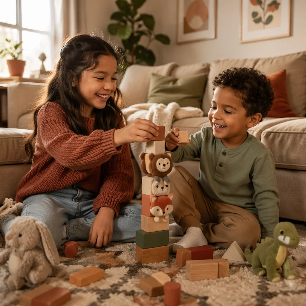 Two Siblings Playing on Living Room Rug