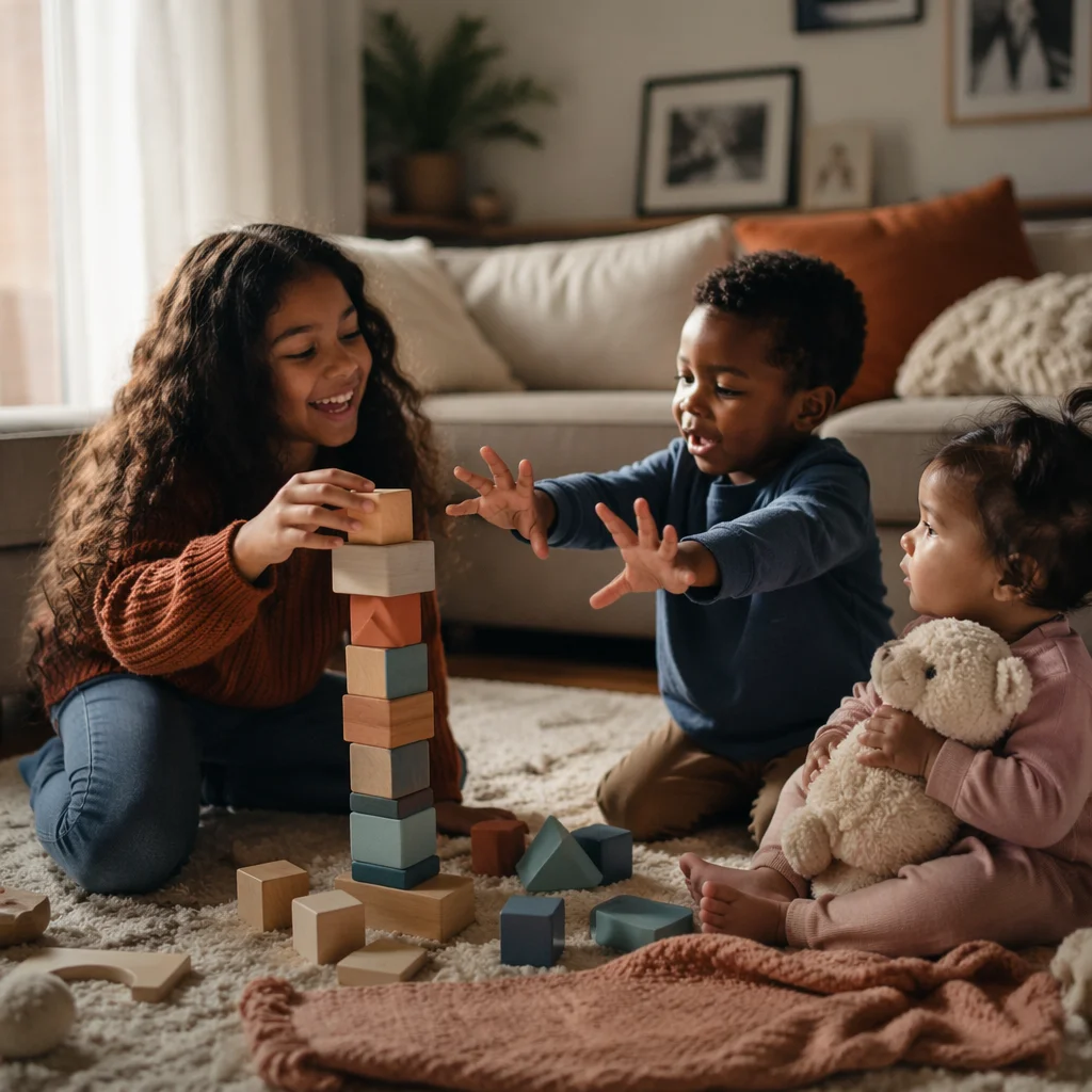 Three Siblings Playing in Cozy Living Room
