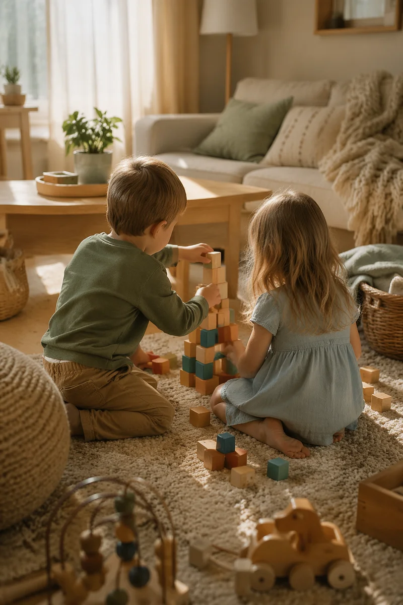 Siblings Building Blocks in Cozy Living Room