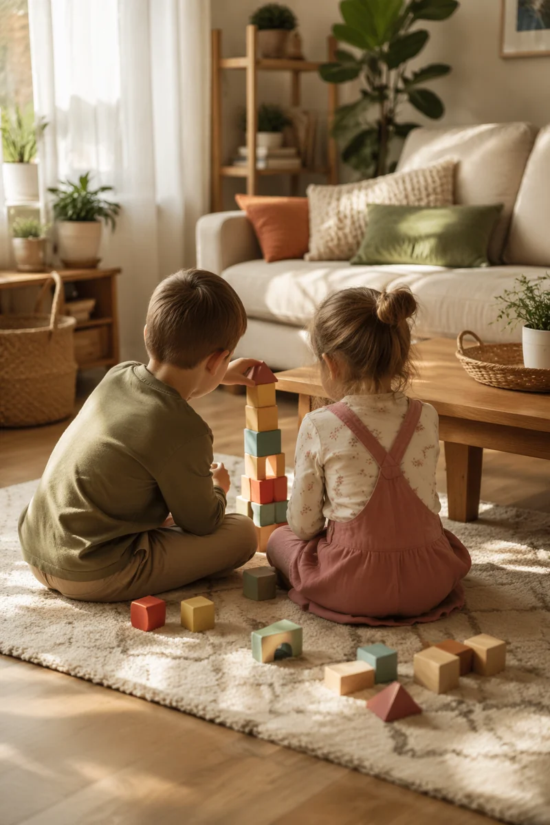 Young Siblings Playing in Cozy Living Room