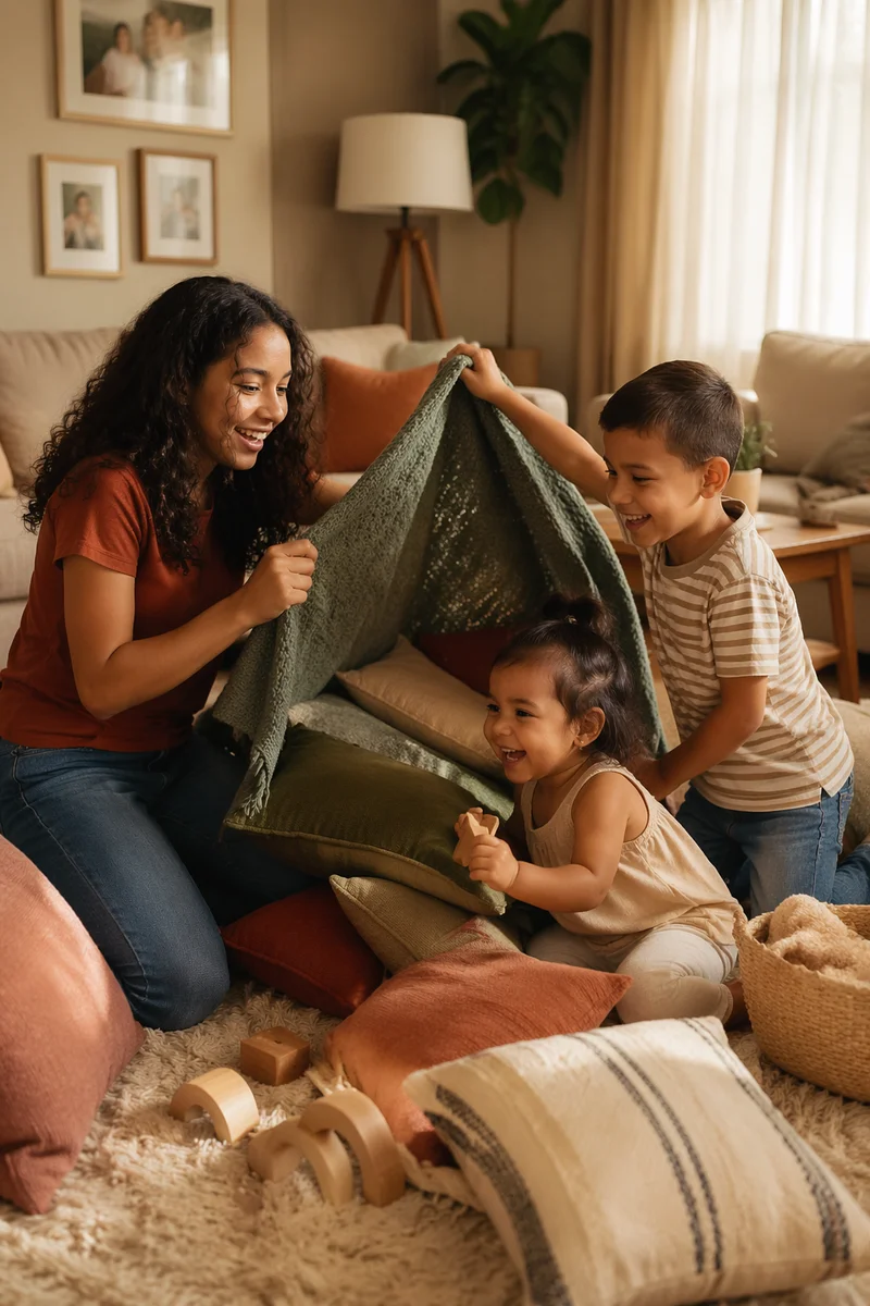 Three Siblings Playing in Cozy Living Room