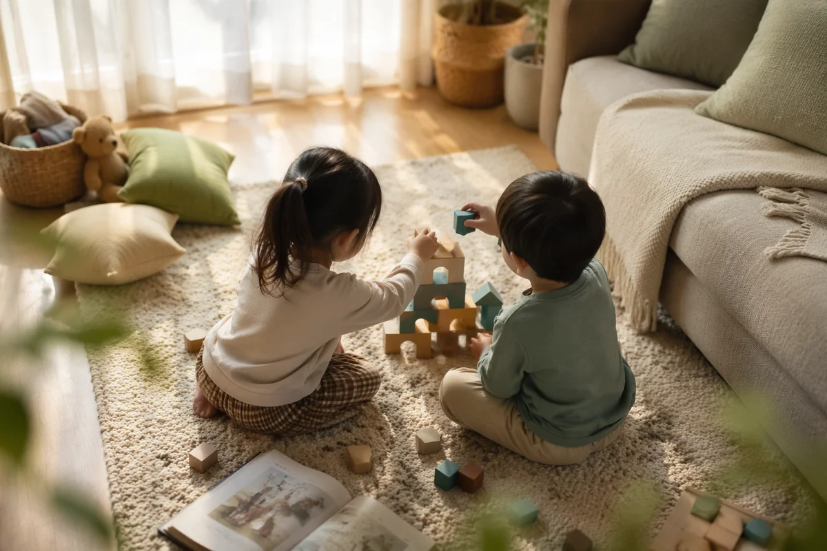 Siblings Building Blocks in Cozy Living Room