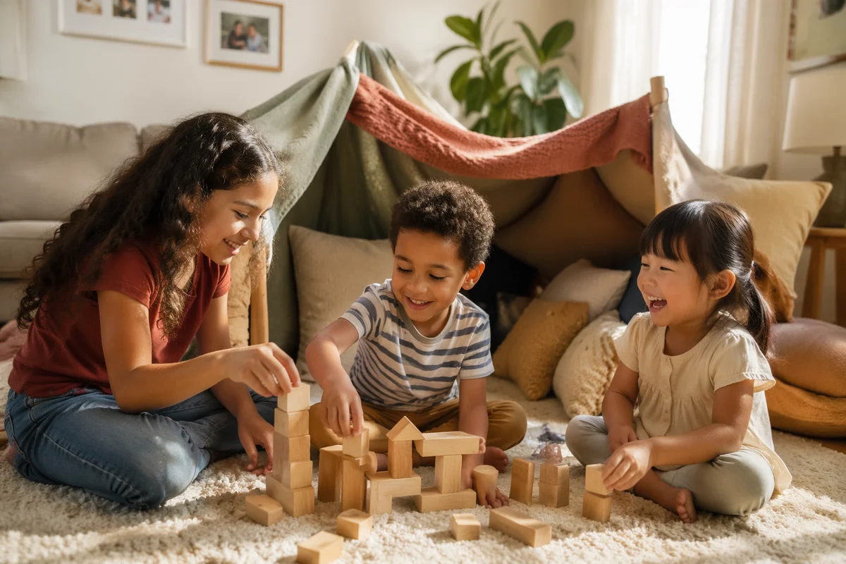 Three Siblings Playing in Sunlit Living Room