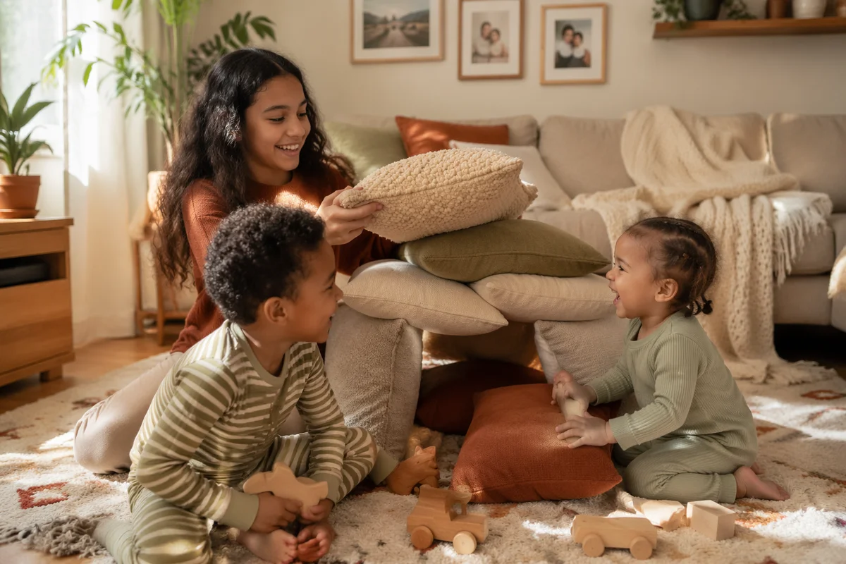 Three Siblings Building Cushion Fort Indoors