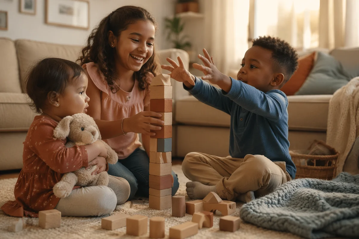 Three Siblings Playing in Cozy Living Room