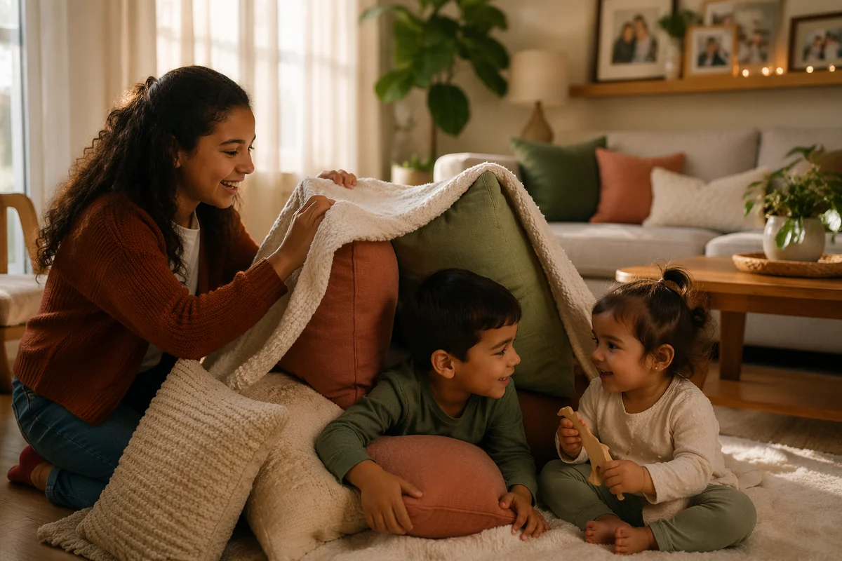 Three Siblings Playing in Cozy Living Room