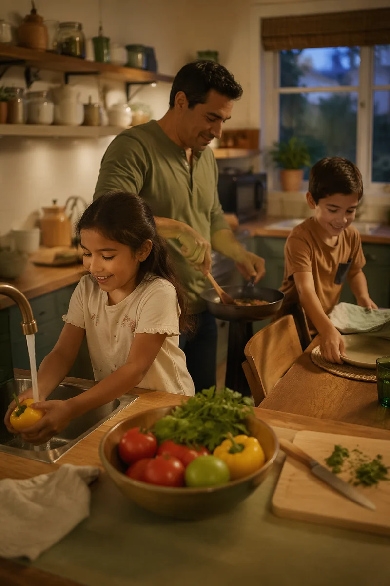 Father Cooking Dinner with Children