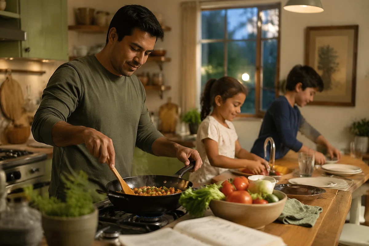 Father Cooking Dinner with Children