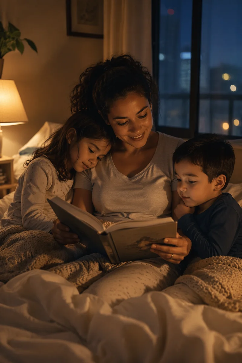 Mother Reading Bedtime Story to Children