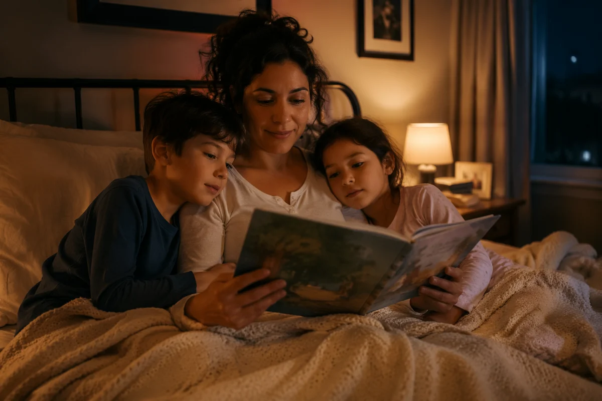 Mother Reading Bedtime Story to Children
