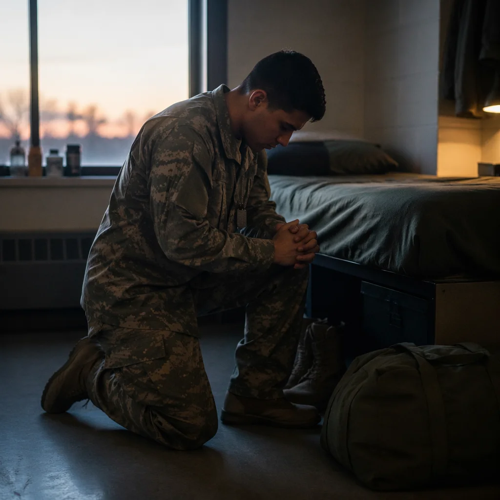 Soldier Kneeling in Prayer at Dawn