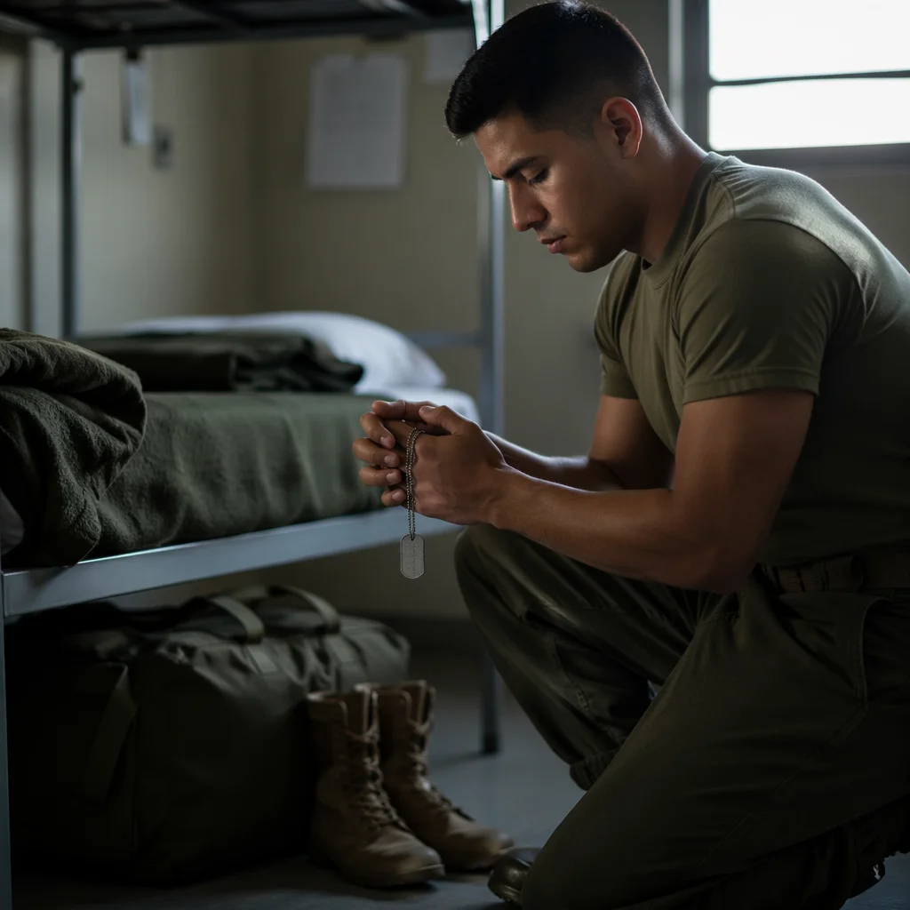 Soldier Kneeling in Prayer with Dog Tags